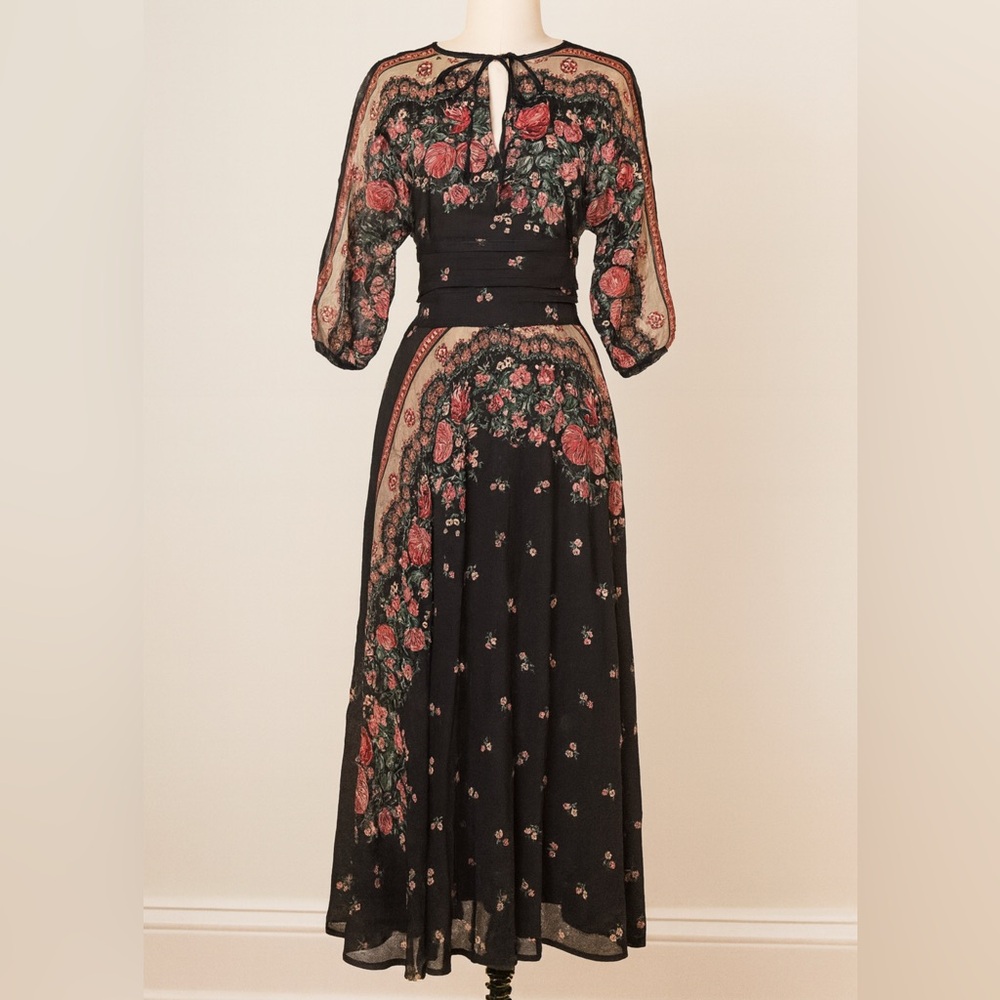 Rare 70s Vintage Chessa Davis USA Black Floral 2 Piece Long Maxi Skirt Dress 80s